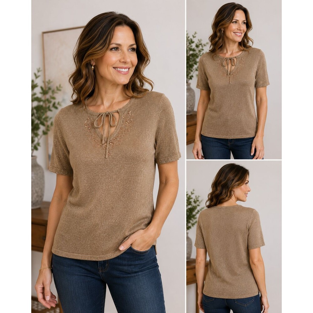 Vintage Sag Harbor Women's Small Bronze Metallic Knit Top Embroidered Tie Neck H